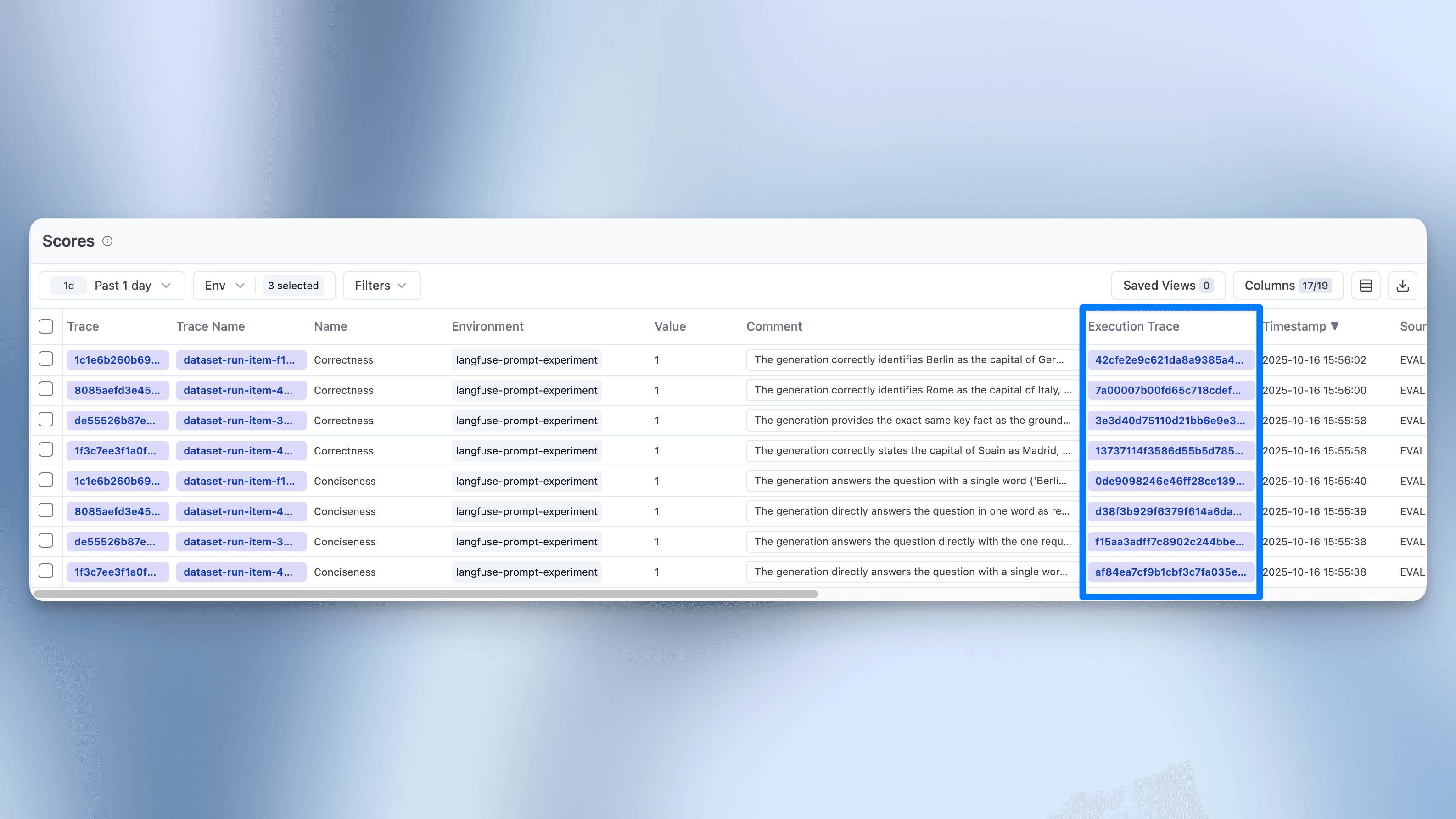Scores table with execution trace column